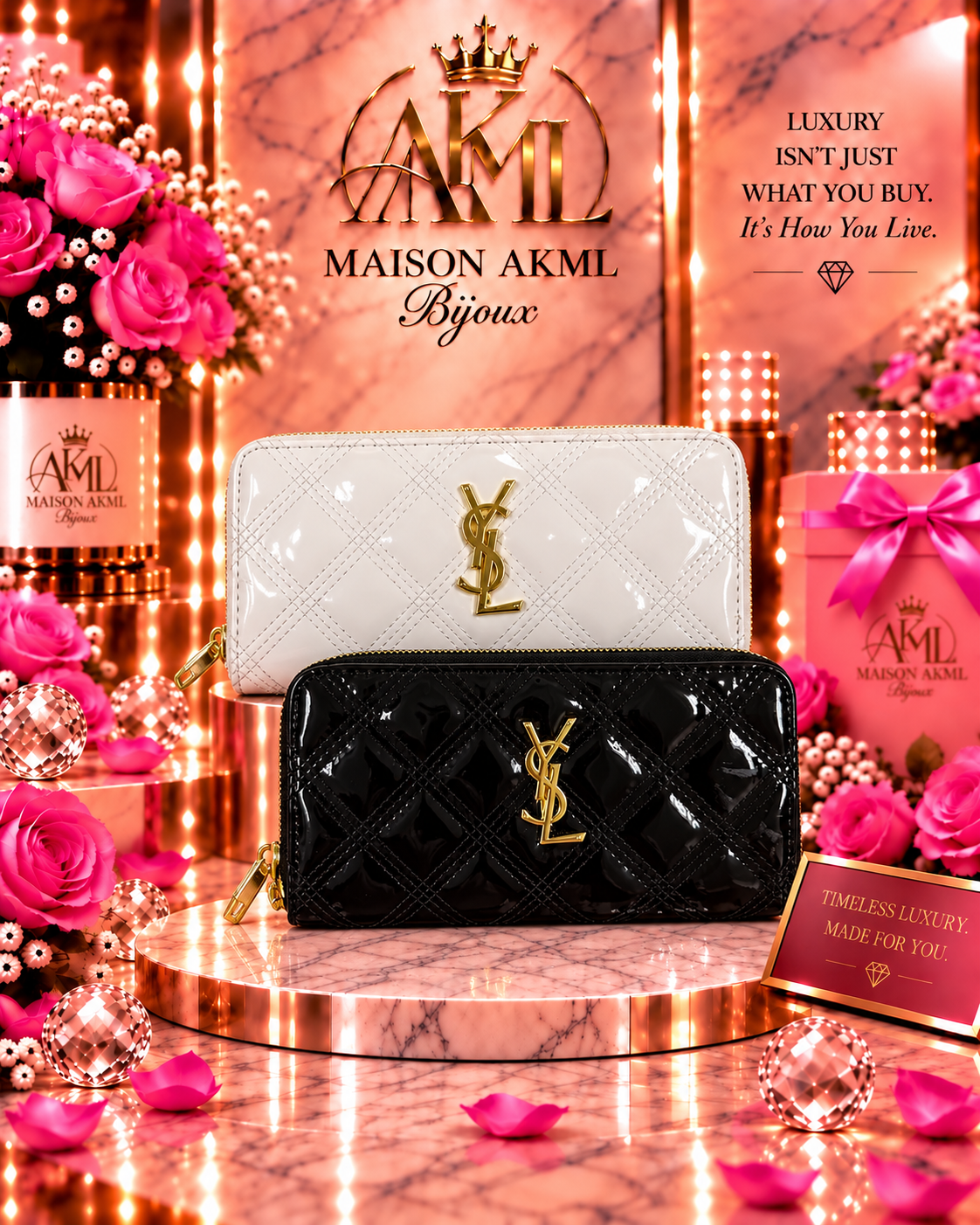 Maison AKML Luxe Patent Quilted Zip Wallet