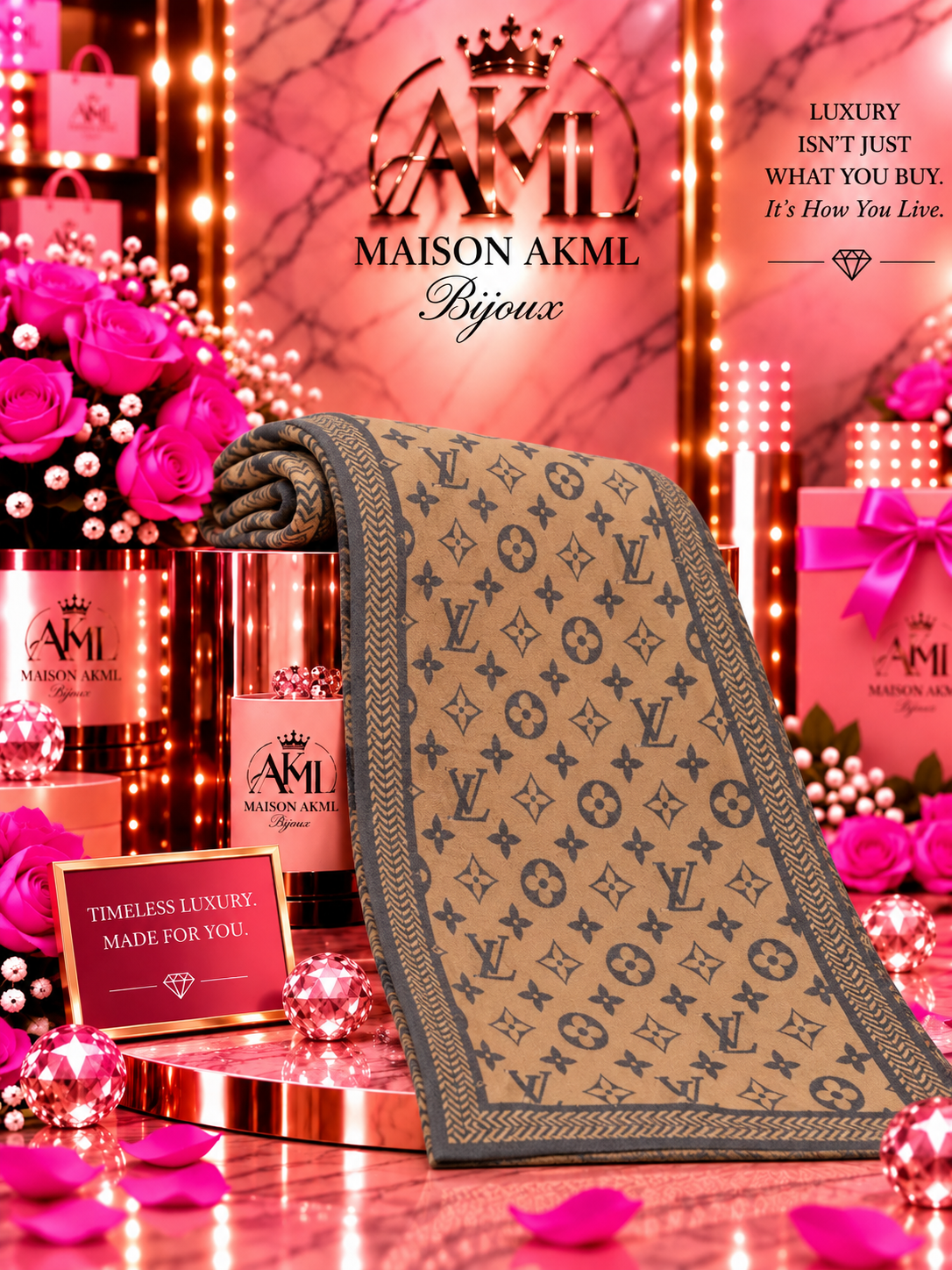Luxe Monogram Scarf – Mocha Charcoal