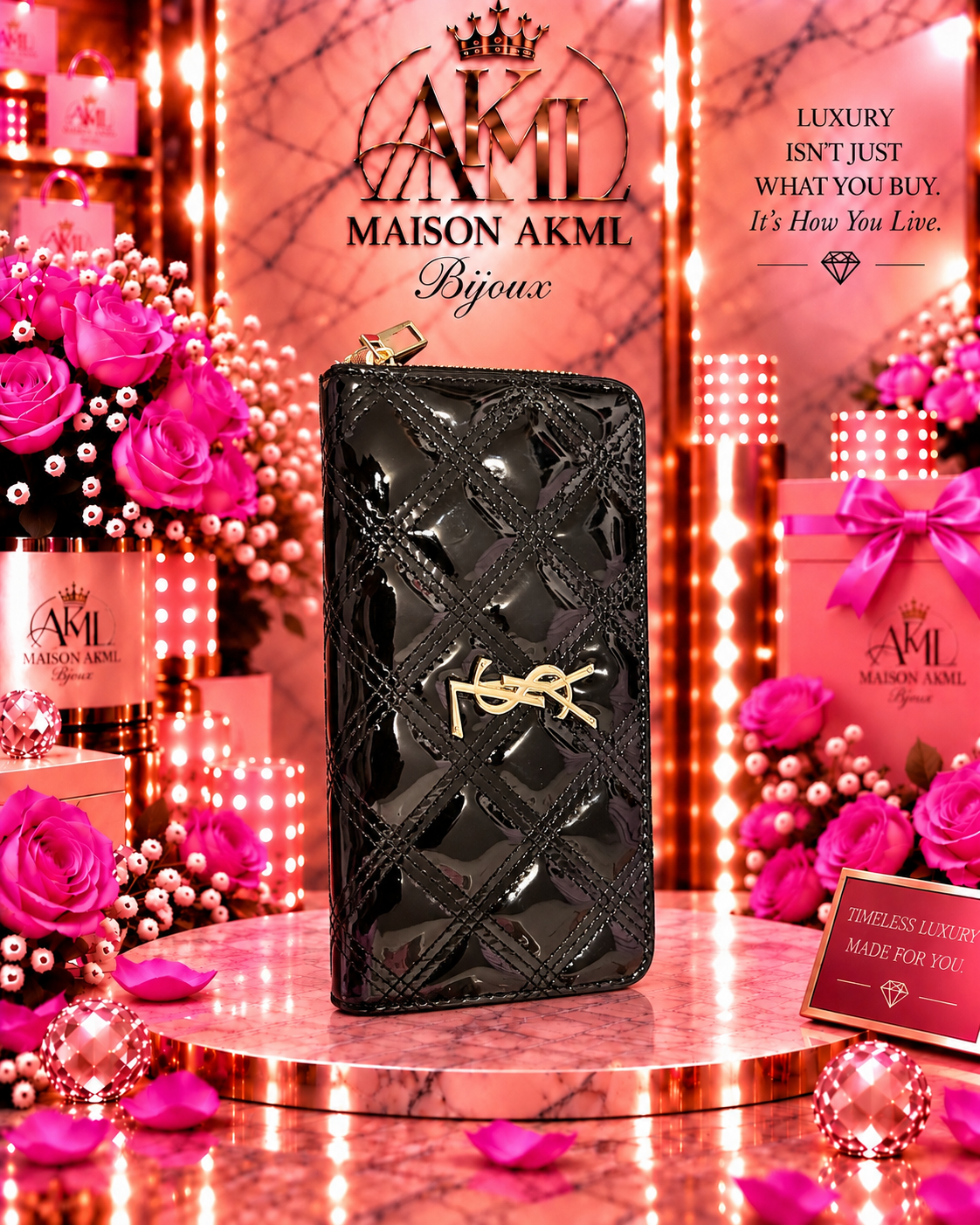 Bordeaux Luxe Quilted Zip Big Black Wallet