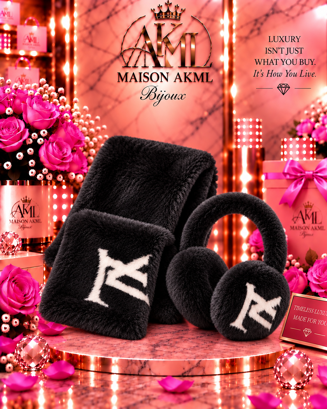 Maison AKML Plush Luxe Scarf & Earmuff Set – Black