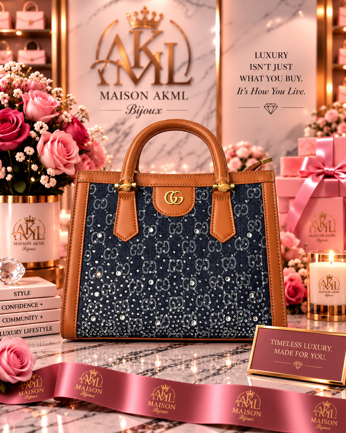 Denim Crystal Structured Tote
