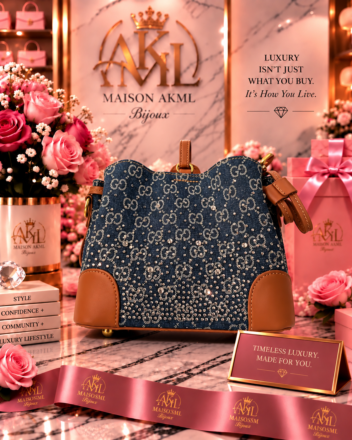 Denim Crystal Bucket Bag