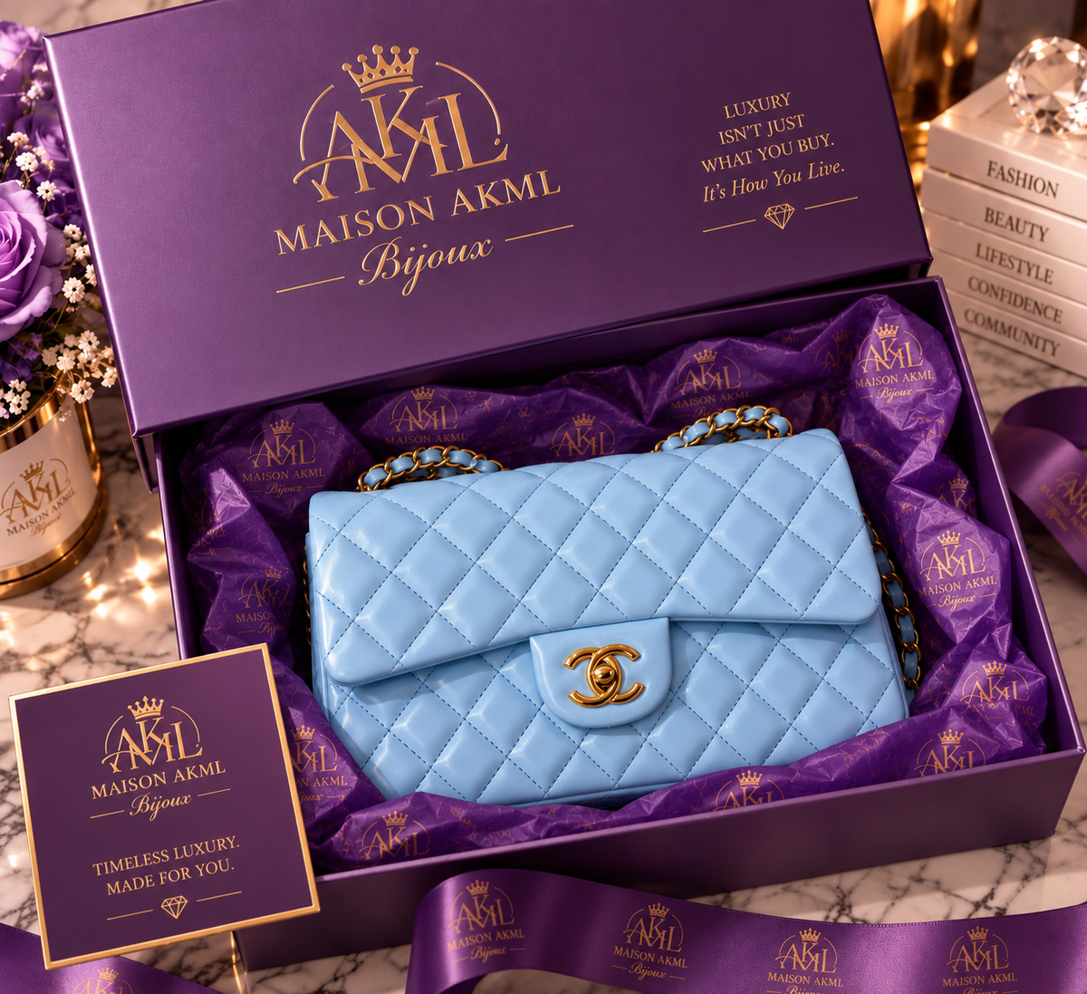 Blue Quilted Chain Bag