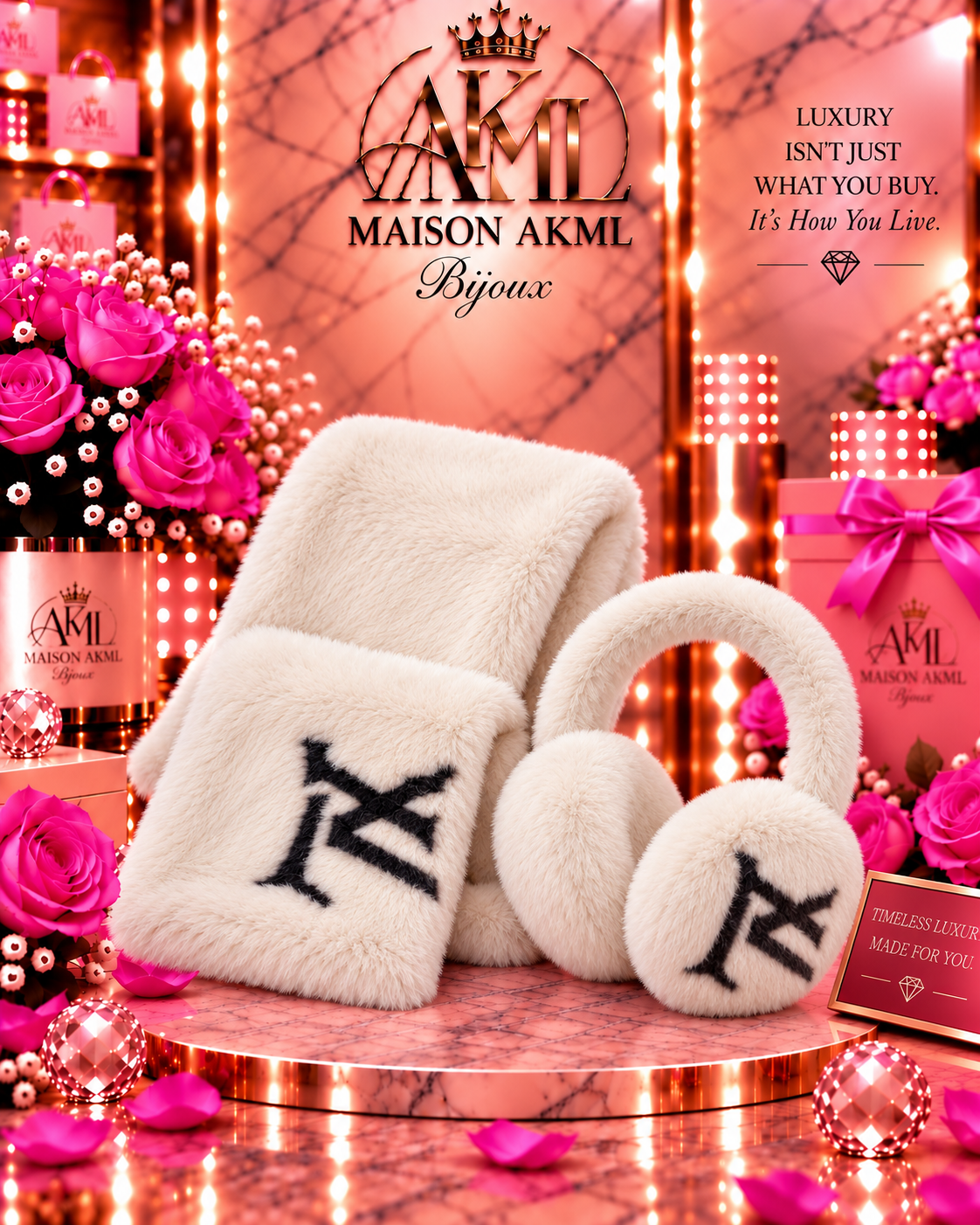 Maison AKML Plush Luxe Scarf &  Earmuff Set – White