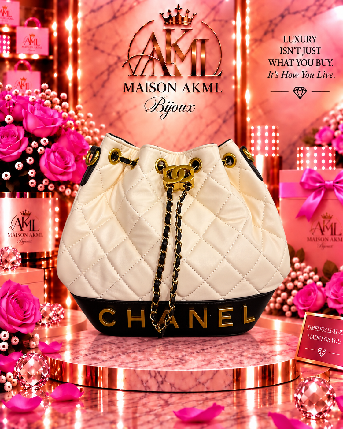 The Ivory Quilted Drawstring Bag