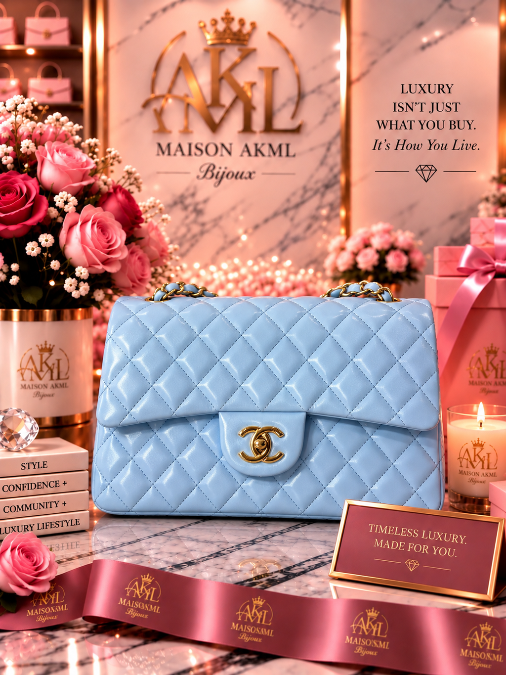 Blue Quilted Chain Bag