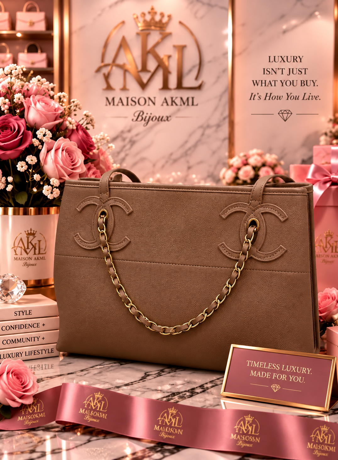 Taupe Chain-Handle Shopper Tote