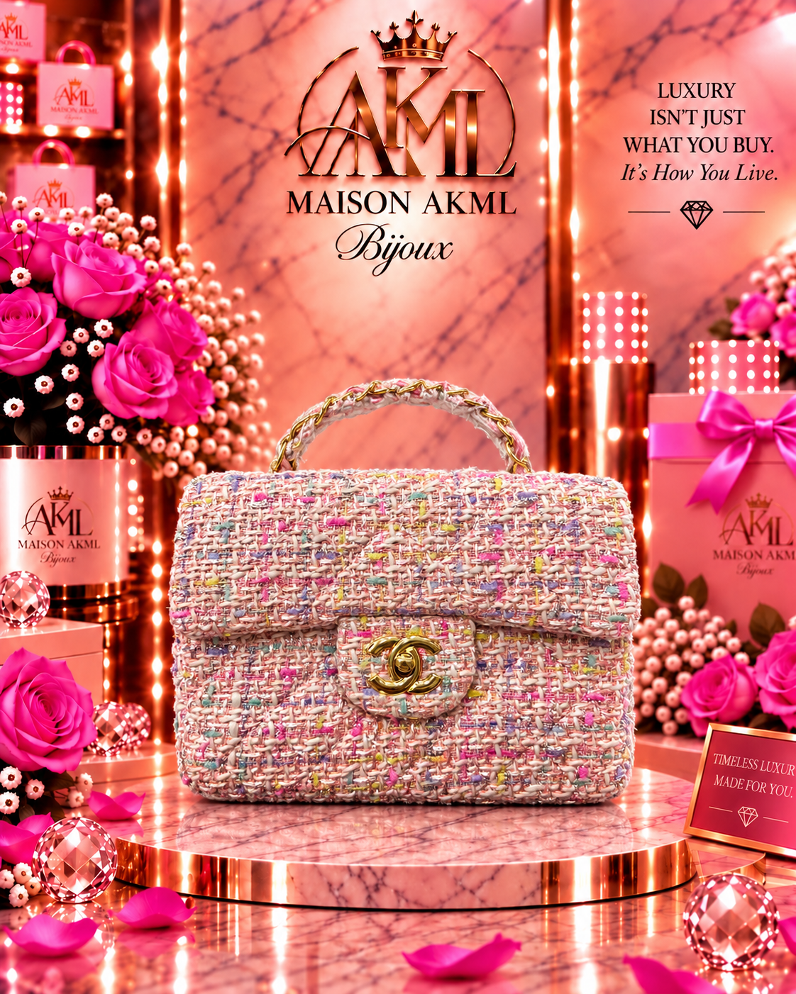 Blush Tweed Top-Handle Bag