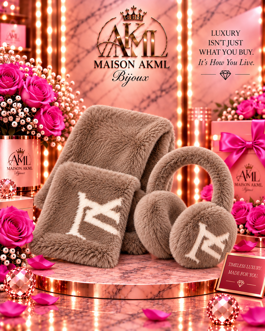 Maison AKML Plush Luxe Scarf &amp; Earmuff Set – Brown