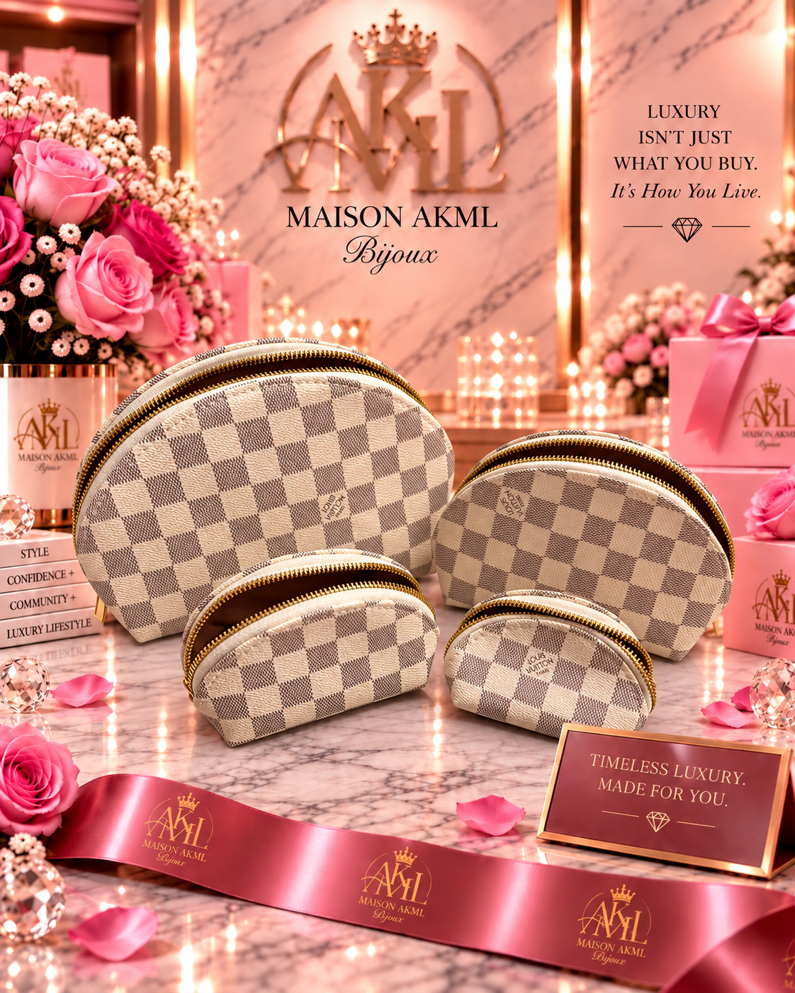 Ivory Check Cosmetic Pouch Set