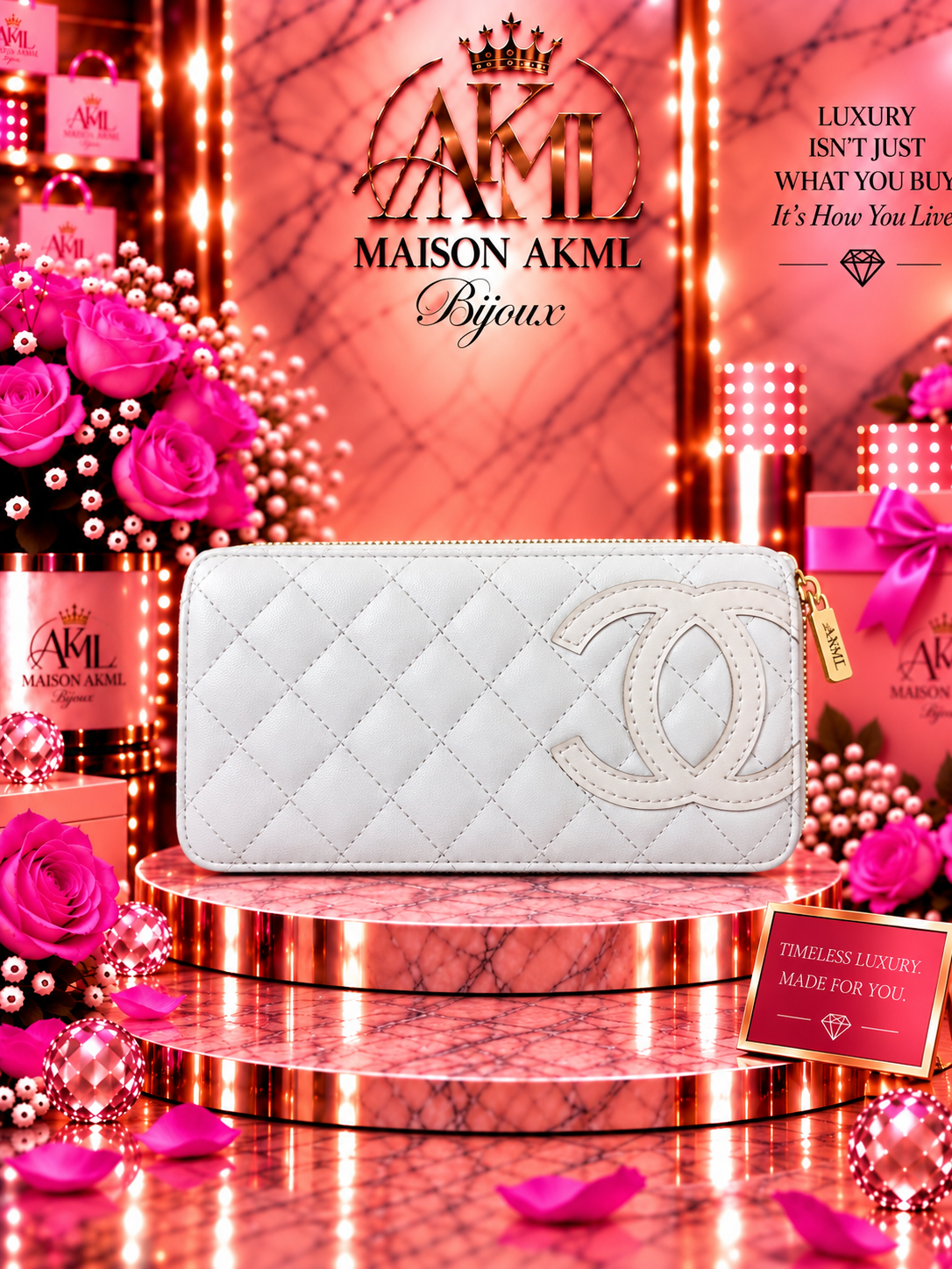 Ivory Quilted Zip Wallet