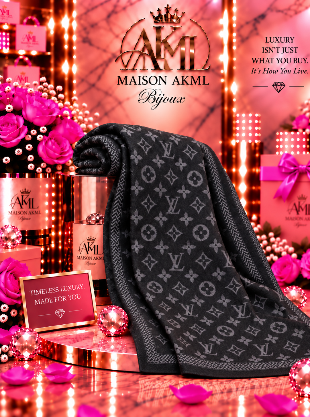 Noir Monogram Wrap Scarf – Black & Charcoal